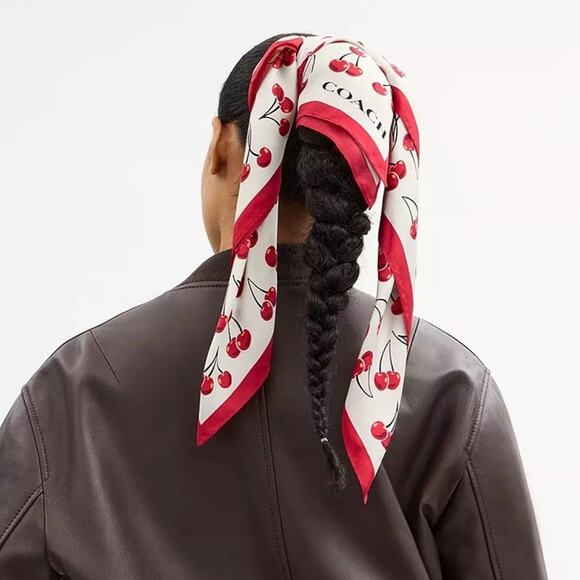 🍒 Cherry Swirl Print Silk Square Scarf - Picture 4 of 9